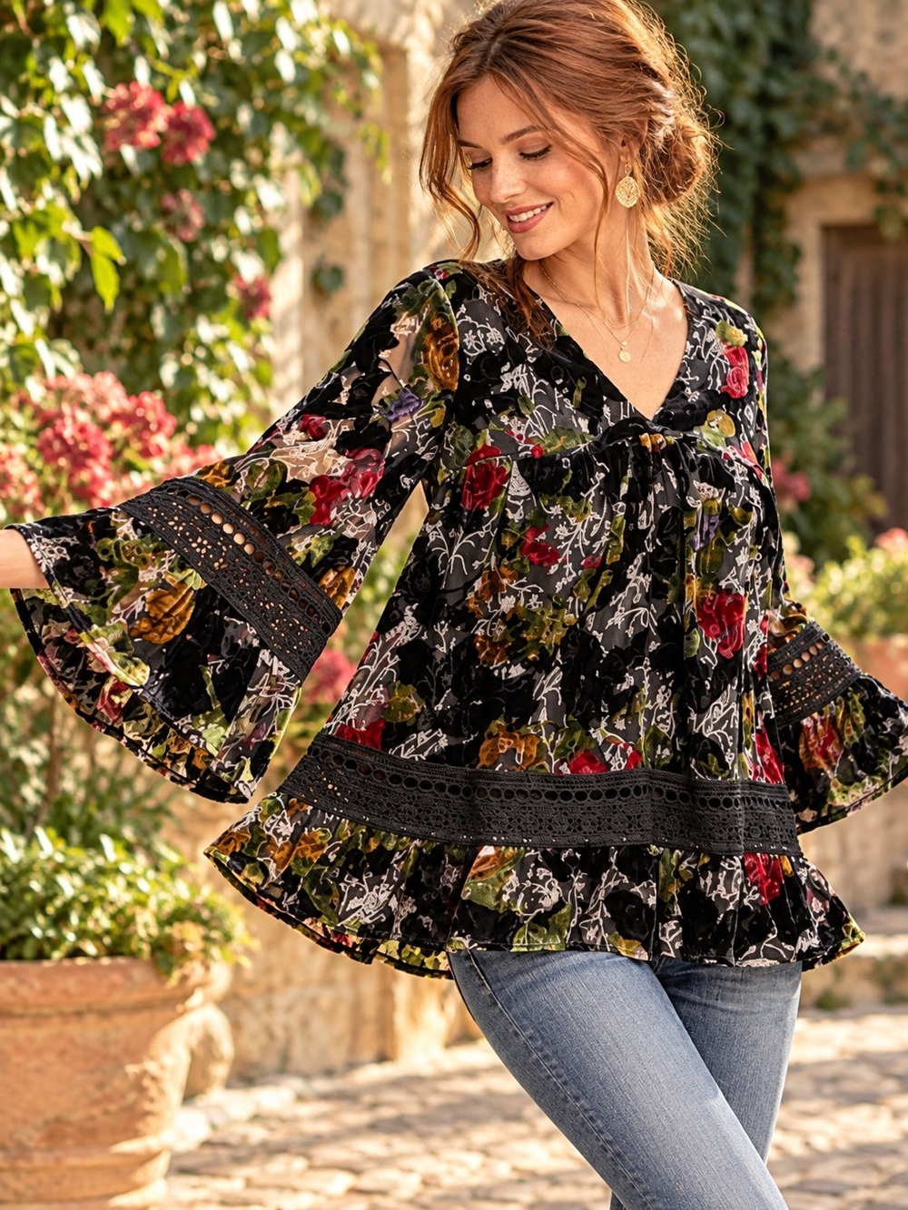Maeve Anthropologie Swing Blouse Floral Velvet Burnout Bell Sleeve Boho